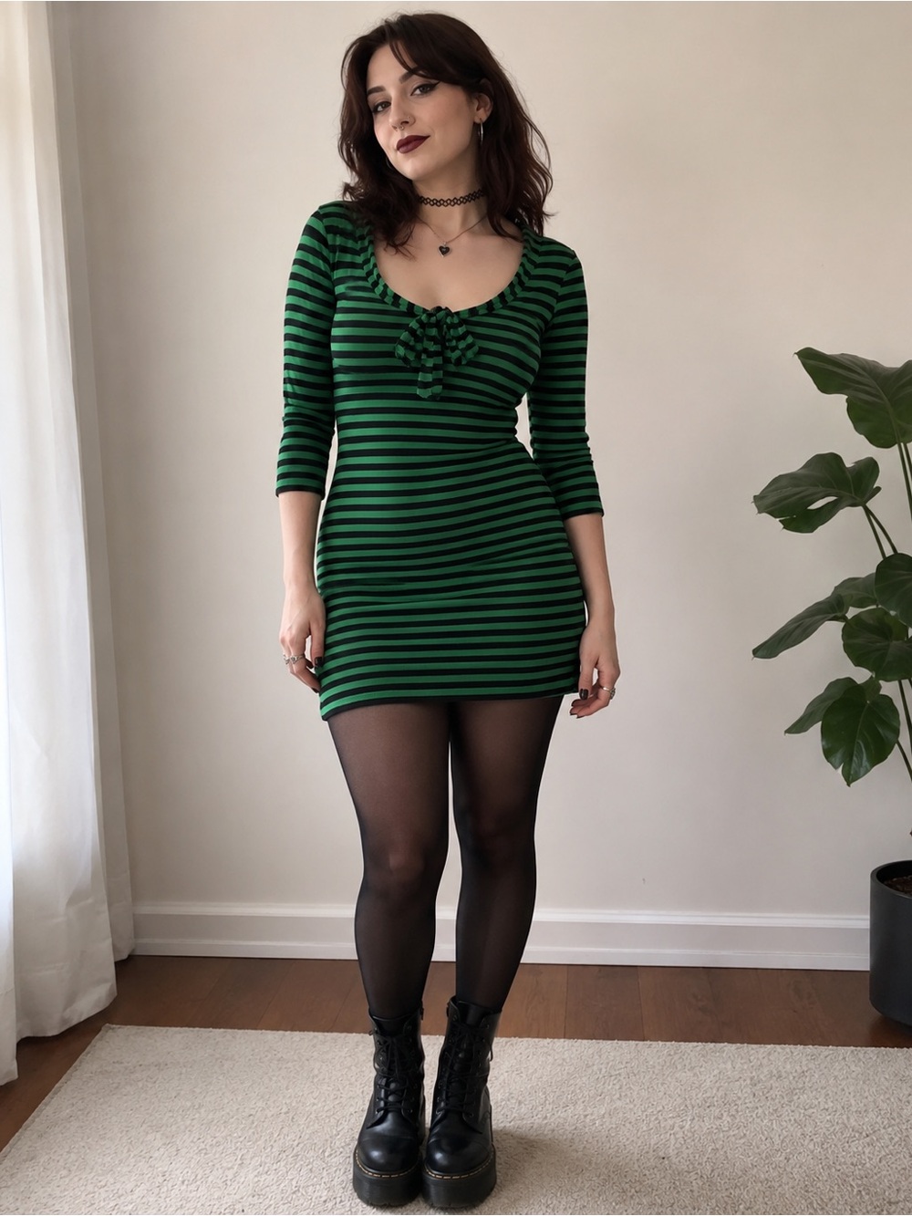 Green & Black Striped Dress with Bow S/M